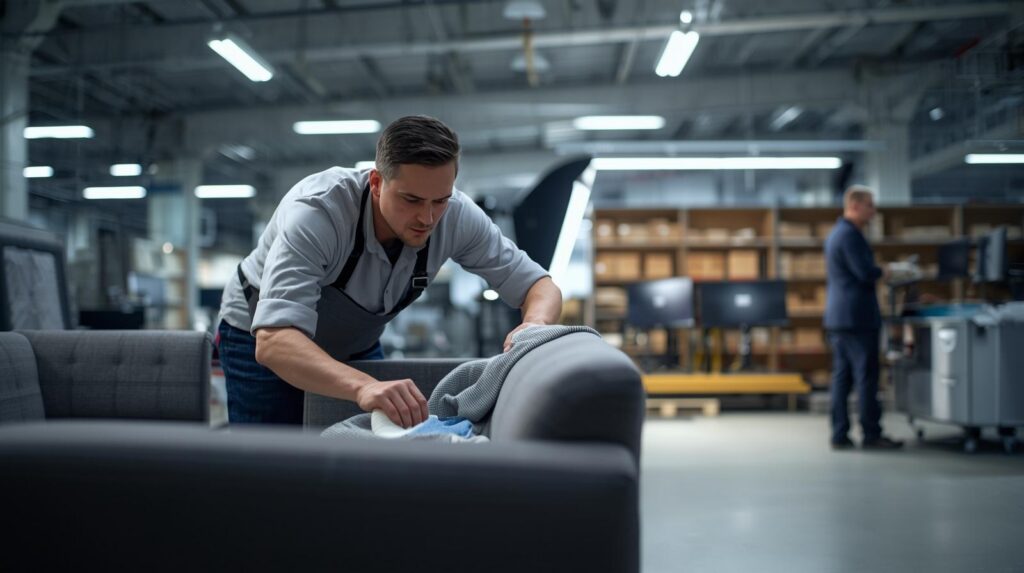 industrial style warehouse in romania. a worker is carefully cleaning a sofa